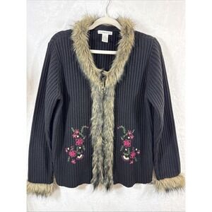 Preston & York Womens Black Sweater Cardigan Faux Fur Collar L embroidered